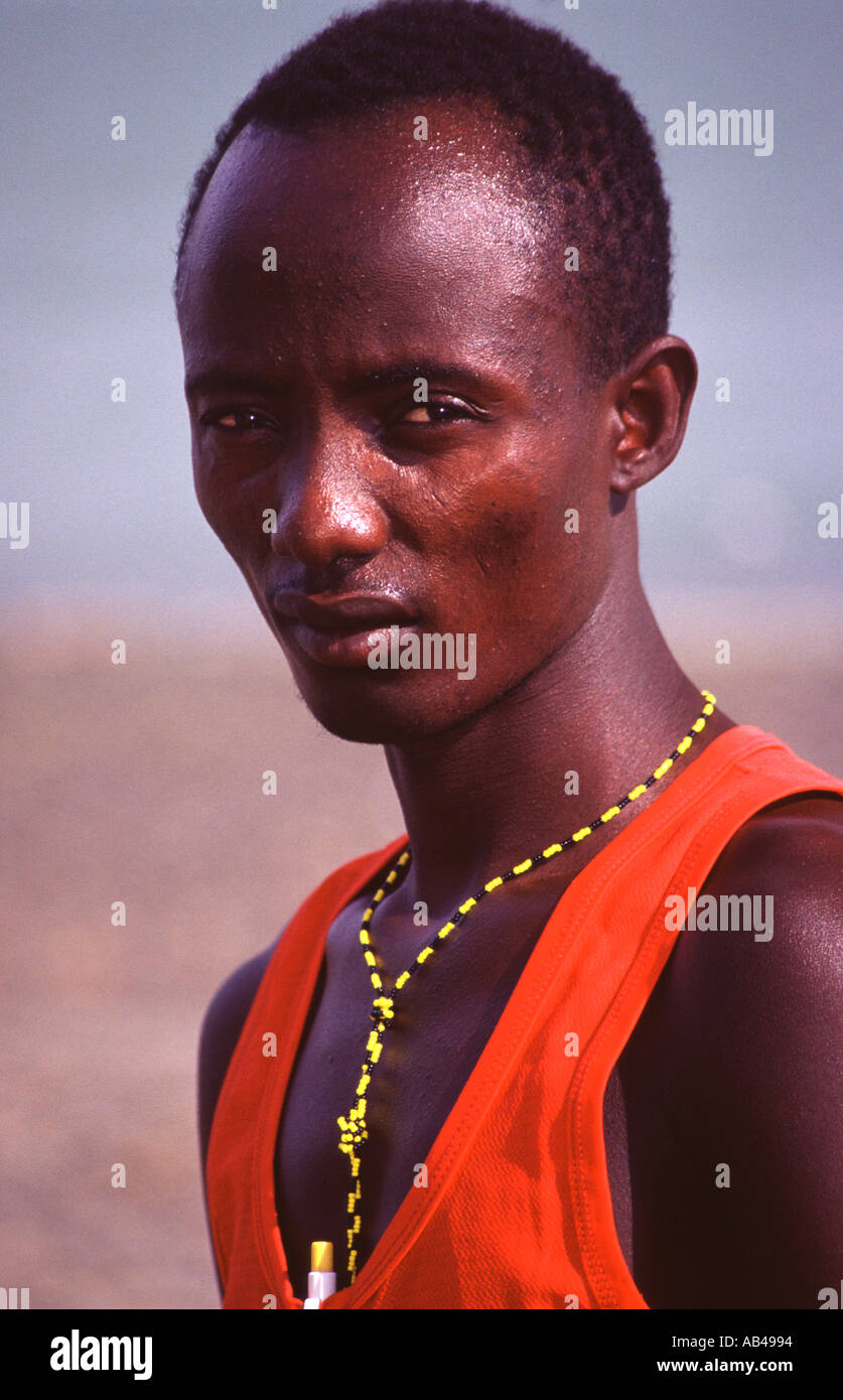 NO MODEL RELEASE Mann vom El Molo Stamm Lake Turkana Kenia Man from the El Molo Tribe Lake Turkana Kenya Stock Photo