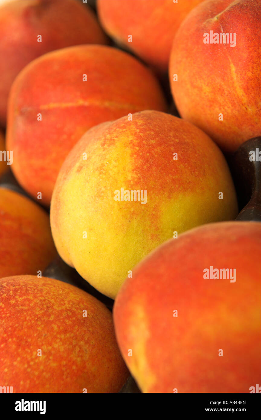 Closeup peaches in tray for sale Stock Photo
