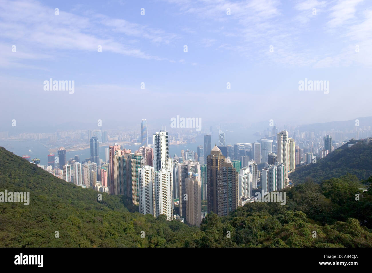 An aerial view over Hong Kong and Victoria Harbour taken from the Peak. Stock Photo