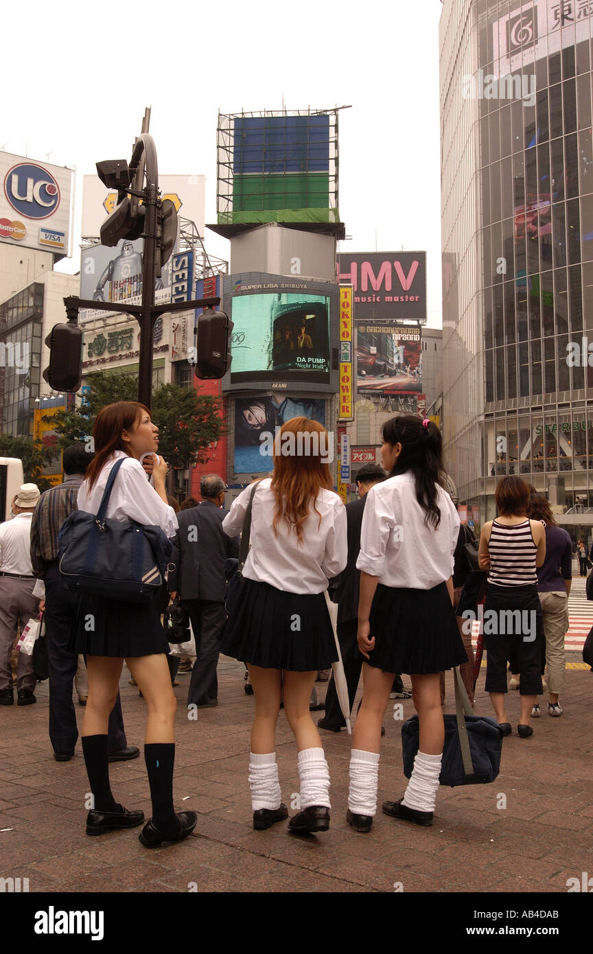 Japanese schoolgirls in short skirts in Shibuya Tokyo Japan Stock Photo