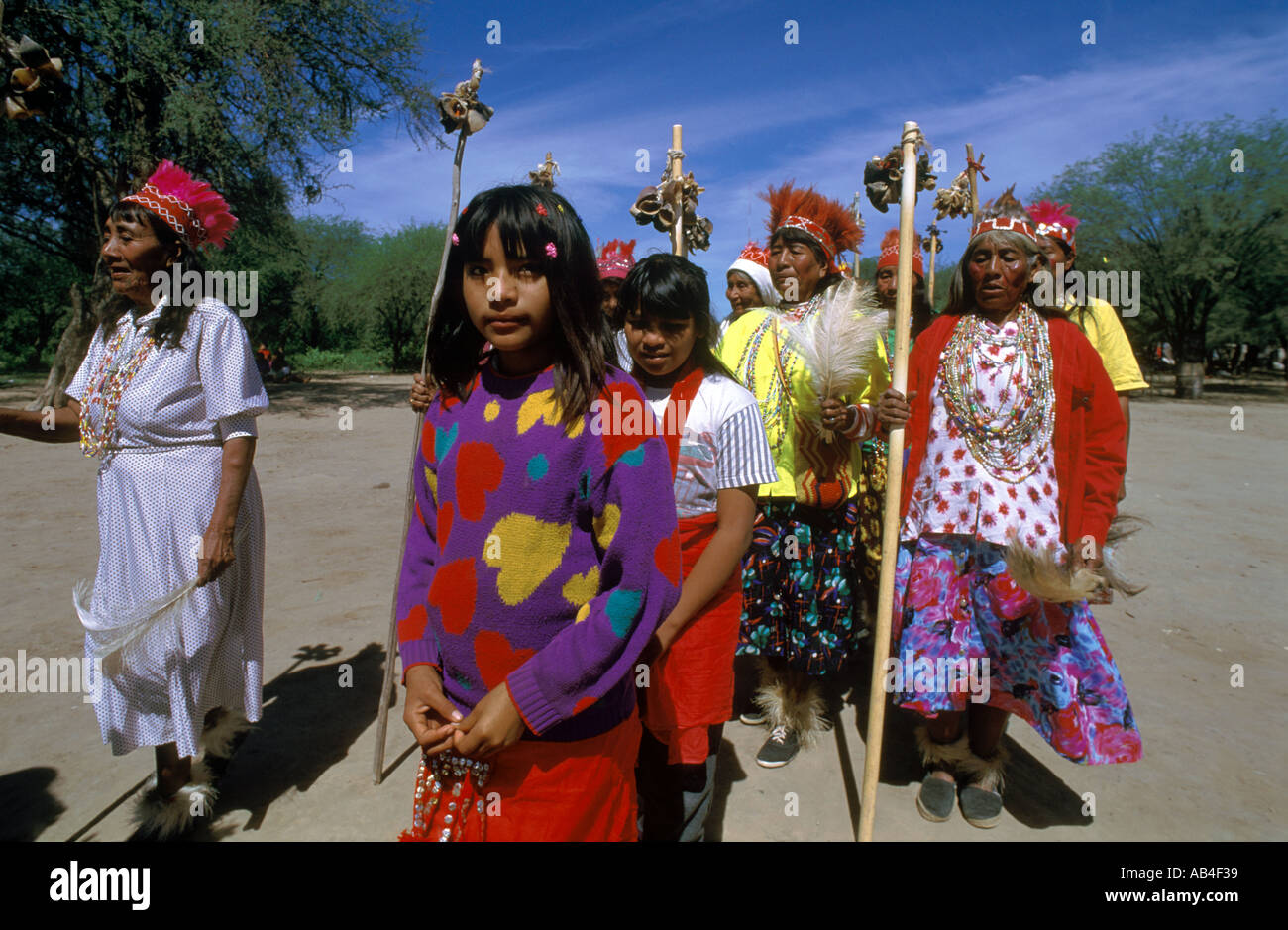 Adolescent girls are initiated into womanhood by the female elders of the Nivacle Indians in Barrio Obrero Filadelfia Paraguay  Stock Photo