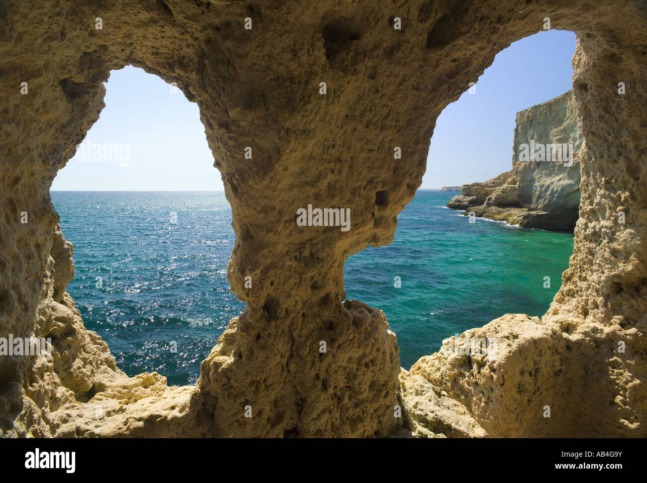 Praia Do Carvoeiro, Algar Seco, view through Holes In the Cliff Stock Photo