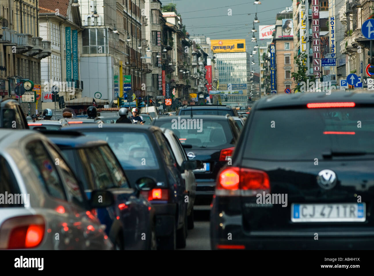 Rush-hour traffic jam on Corso Buenos Aires, one of Milan's main shopping streets. Stock Photo