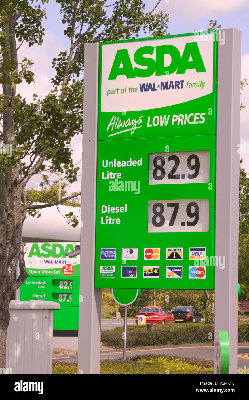 Asda petrol station price board at Asda Carlisle Cumbria Stock Photo
