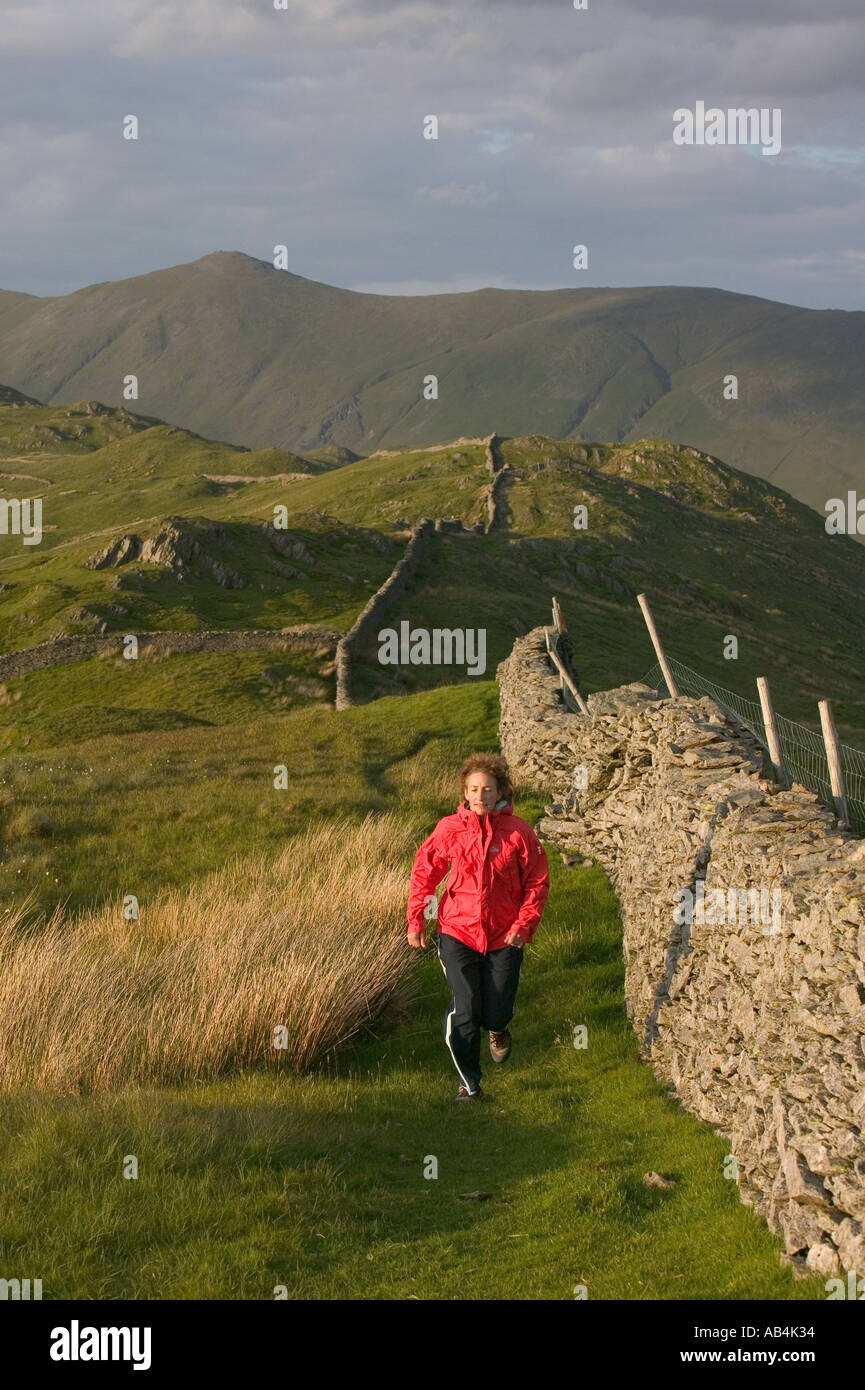 Fell runner running along the summit ridge of wansfell above Ambleside Lake district Stock Photo