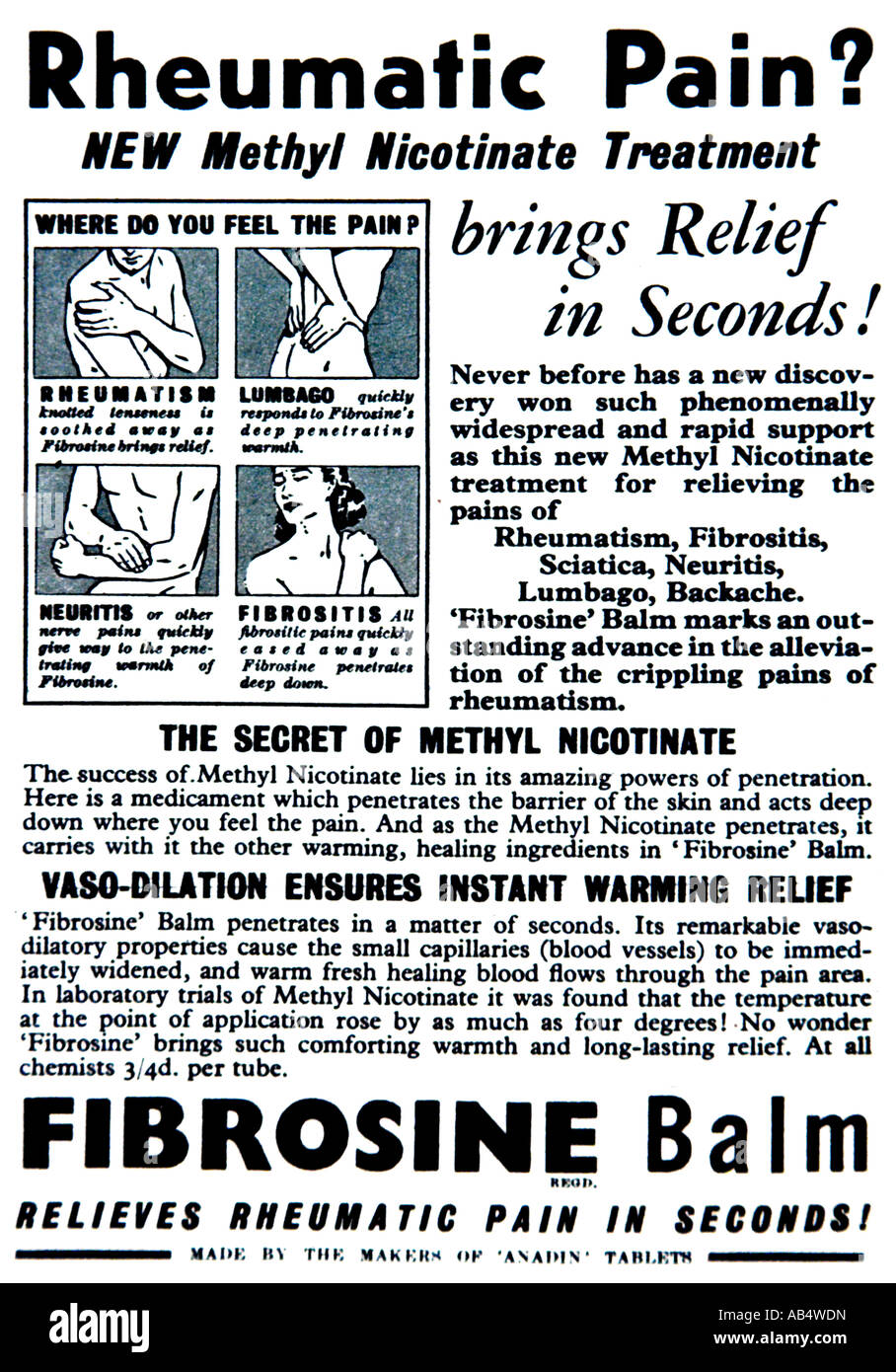 Magazine Advertisement for Methyl Nicotinate Fibrosine Balm December 1954 FOR EDITORIAL USE ONLY Stock Photo