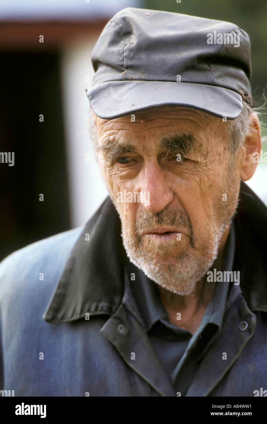 Portrait of an old Vermont farmer man who is dirty unshaven and unkept Stock Photo