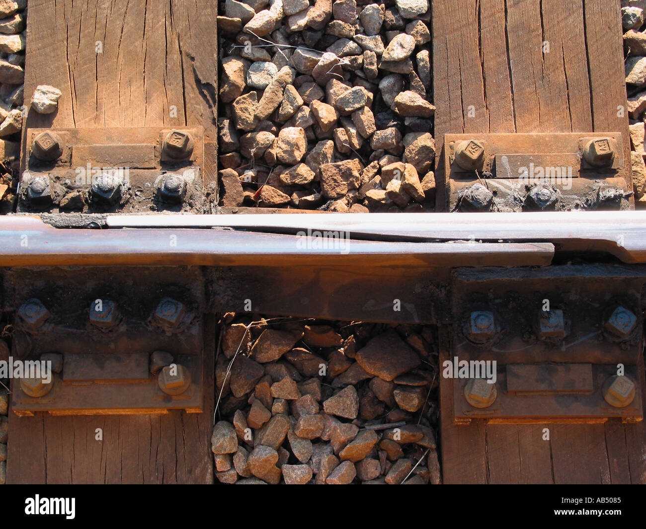 Expansion Rail Joint, expansion joints, rail sleepers and gravel ballast - Thermal expansion and contraction Stock Photo