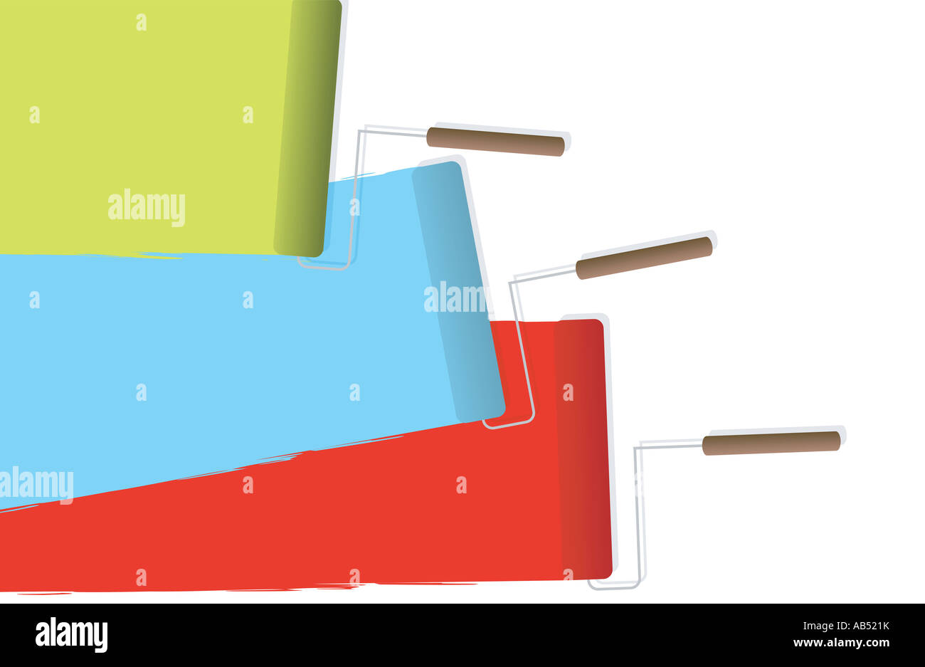 A collection of three rollers filled with different color paints Stock