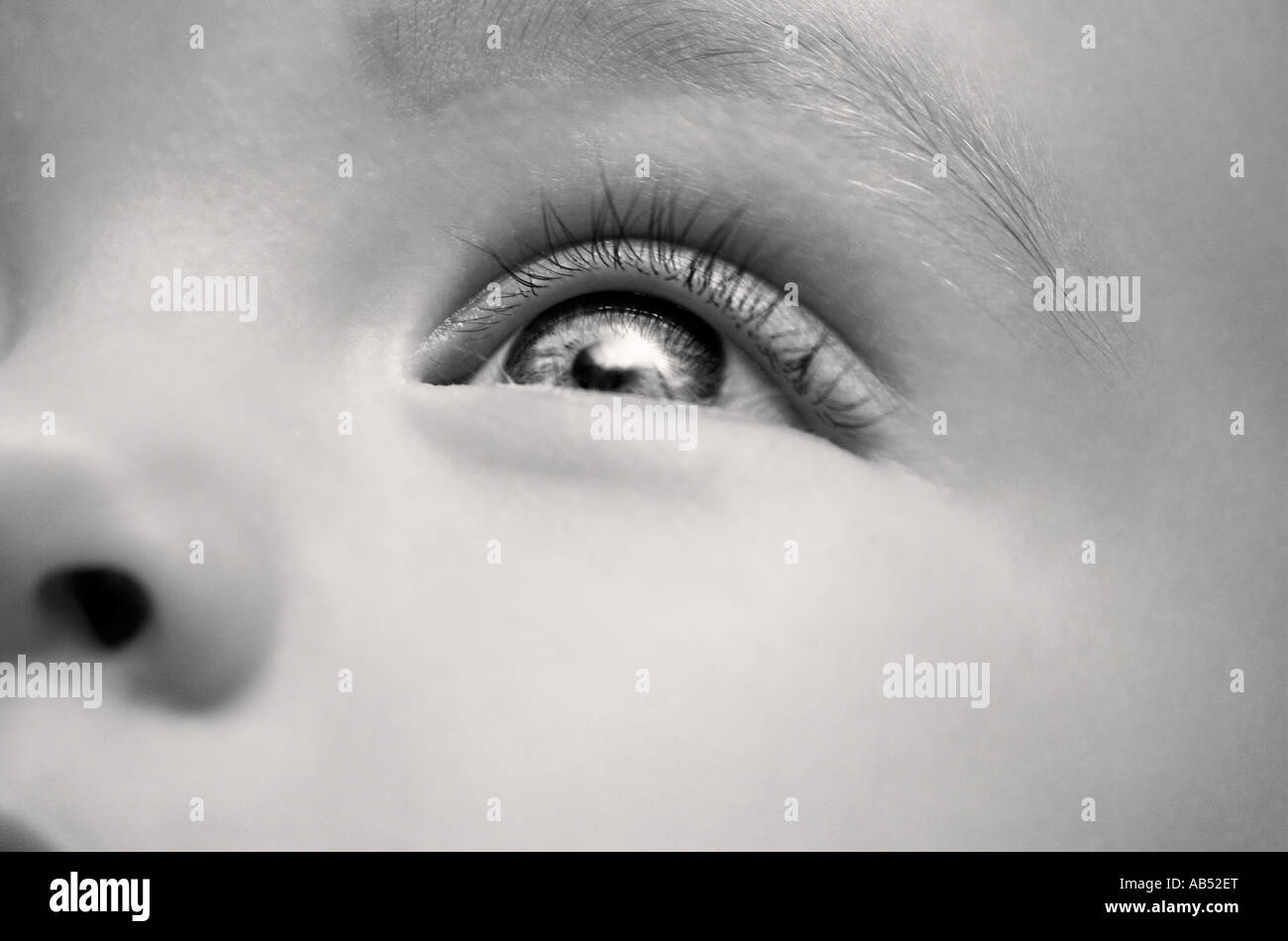 Baby girl 6 9 months looking upward focus on eye close up Stock Photo