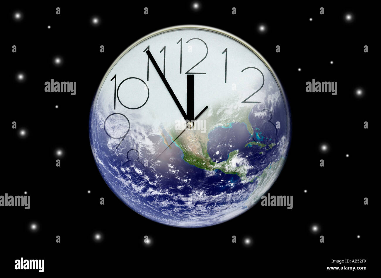 Digital composite of clock and earth clock showing five to
