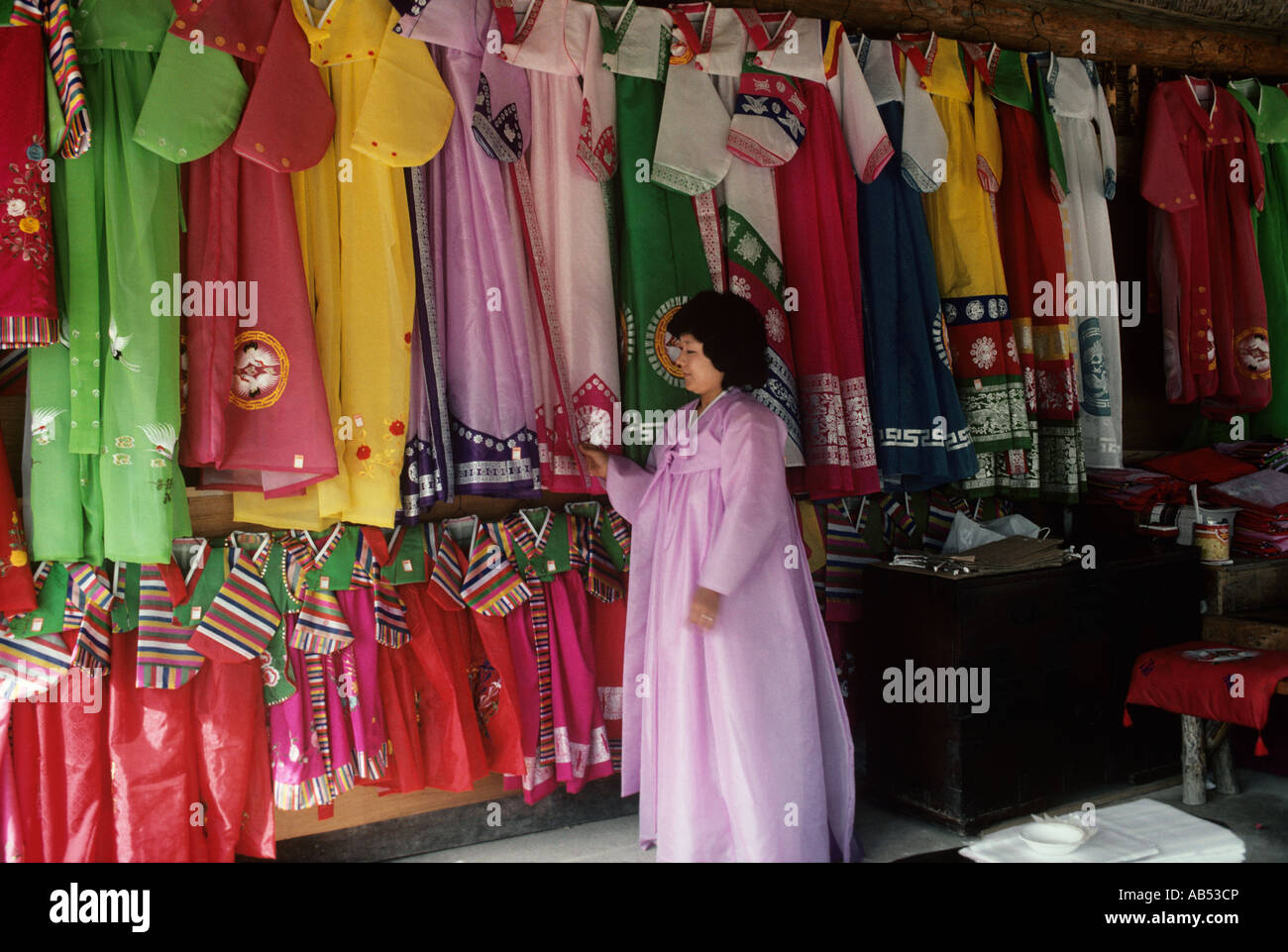 Korea. Hanbok, or women's national style of dress on sale at the Korean village. They are still popular among Korean women. Stock Photo