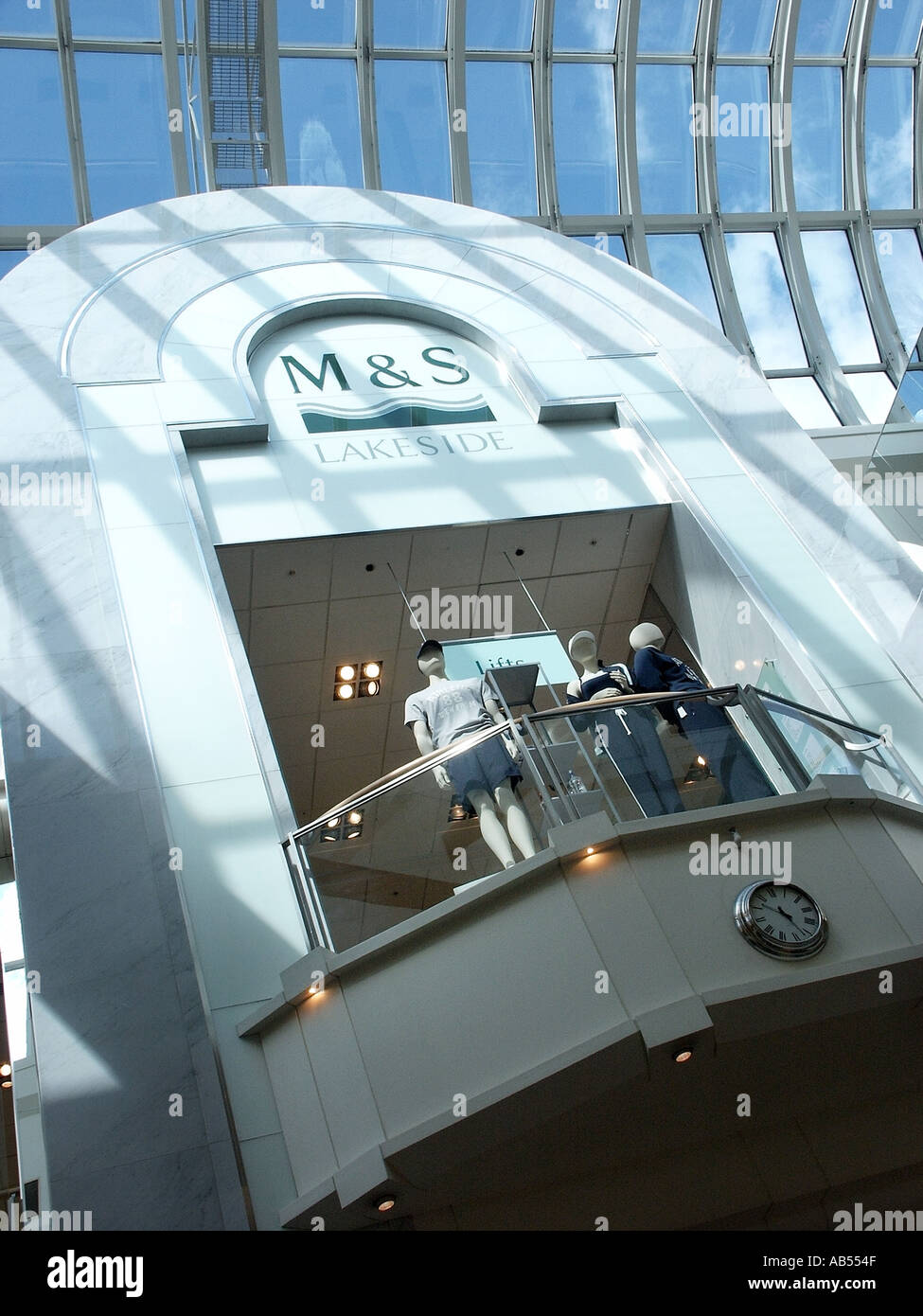 West Thurrock Essex Lakeside shopping complex interior of Marks and Spencer clothing store logo lifts and mannequins Stock Photo