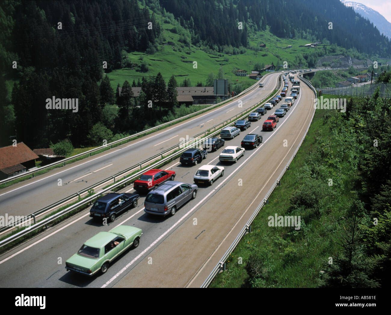 Holiday Traffic Jam St Gotthard Motorway near Village of Wassen Canton of Uri Switzerland Stock Photo
