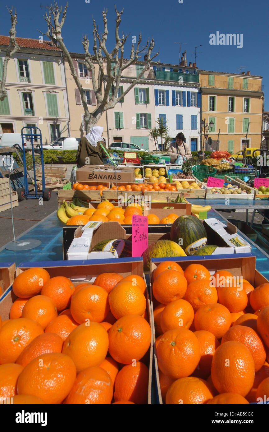 Oranges being sold at street market in Provence France Stock