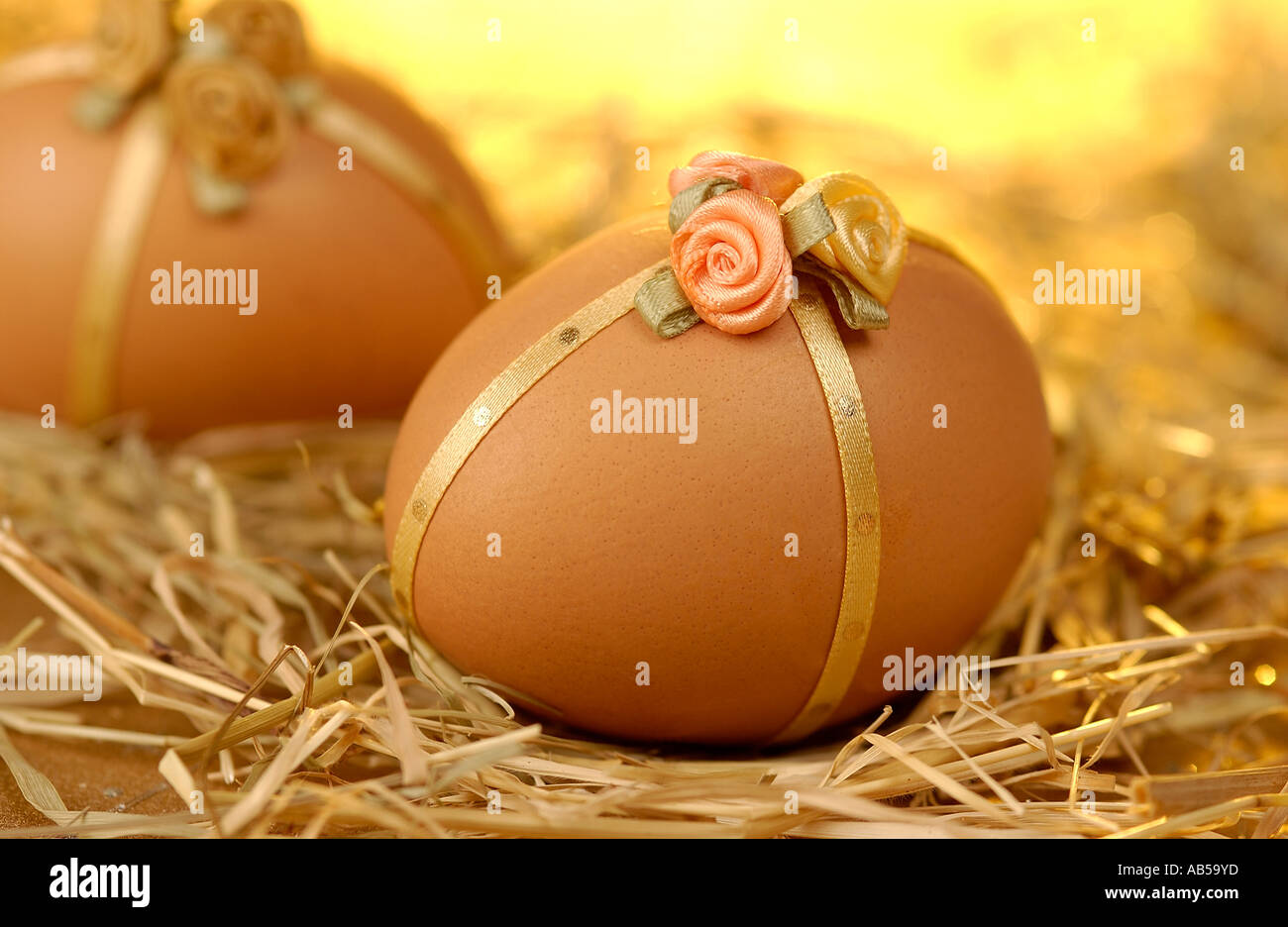 Decorated chicken eggs in a nest Stock Photo