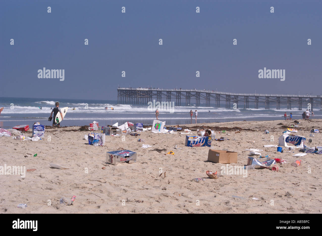 Trash on beach after July 4th holiday weekend Pacific Beach San Diego