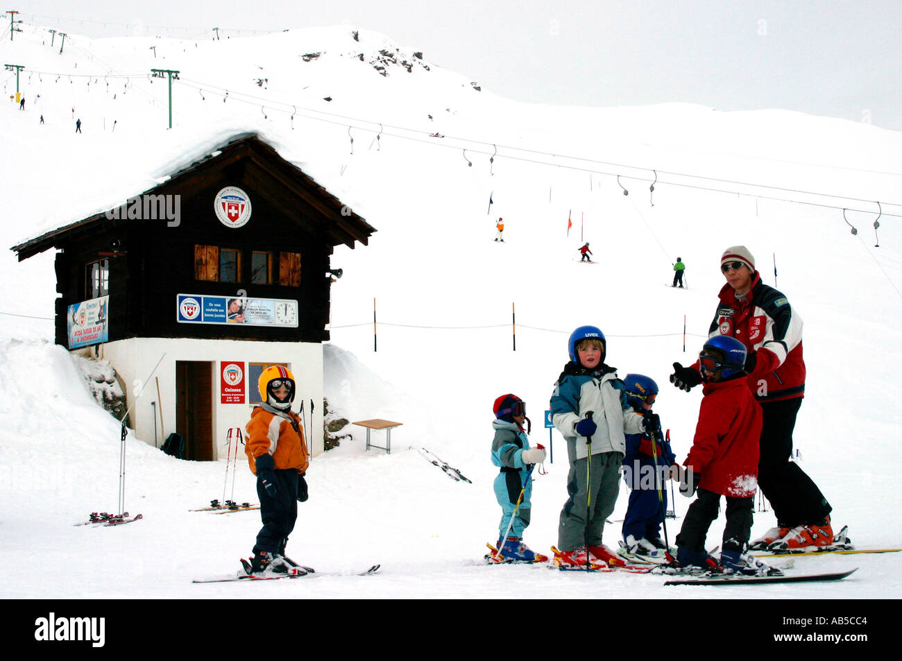 Kids at a ski school in Switerland Stock Photo