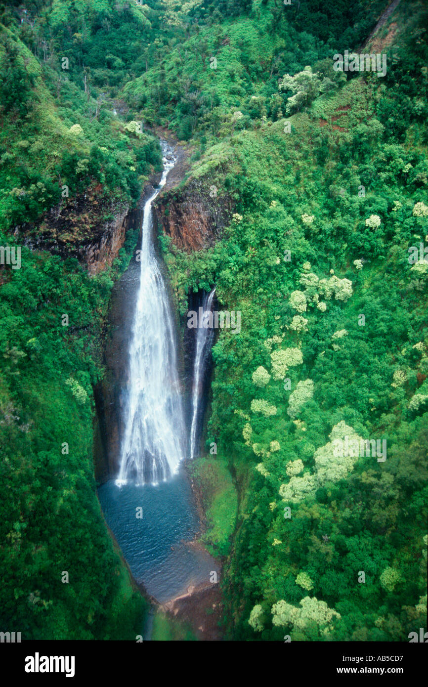 Jurassic park falls aerial Kauai Hawaii N Pacific Stock Photo