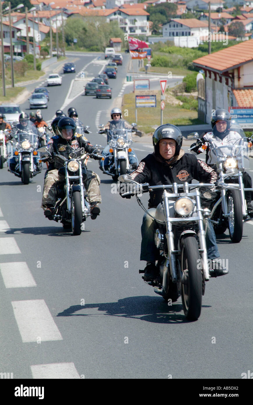 Harley, Davidson, gang, hells angels, hells, angels, motorcycle, motorbike, bike, cycle, middle, aged, age, men, American, made, Stock Photo