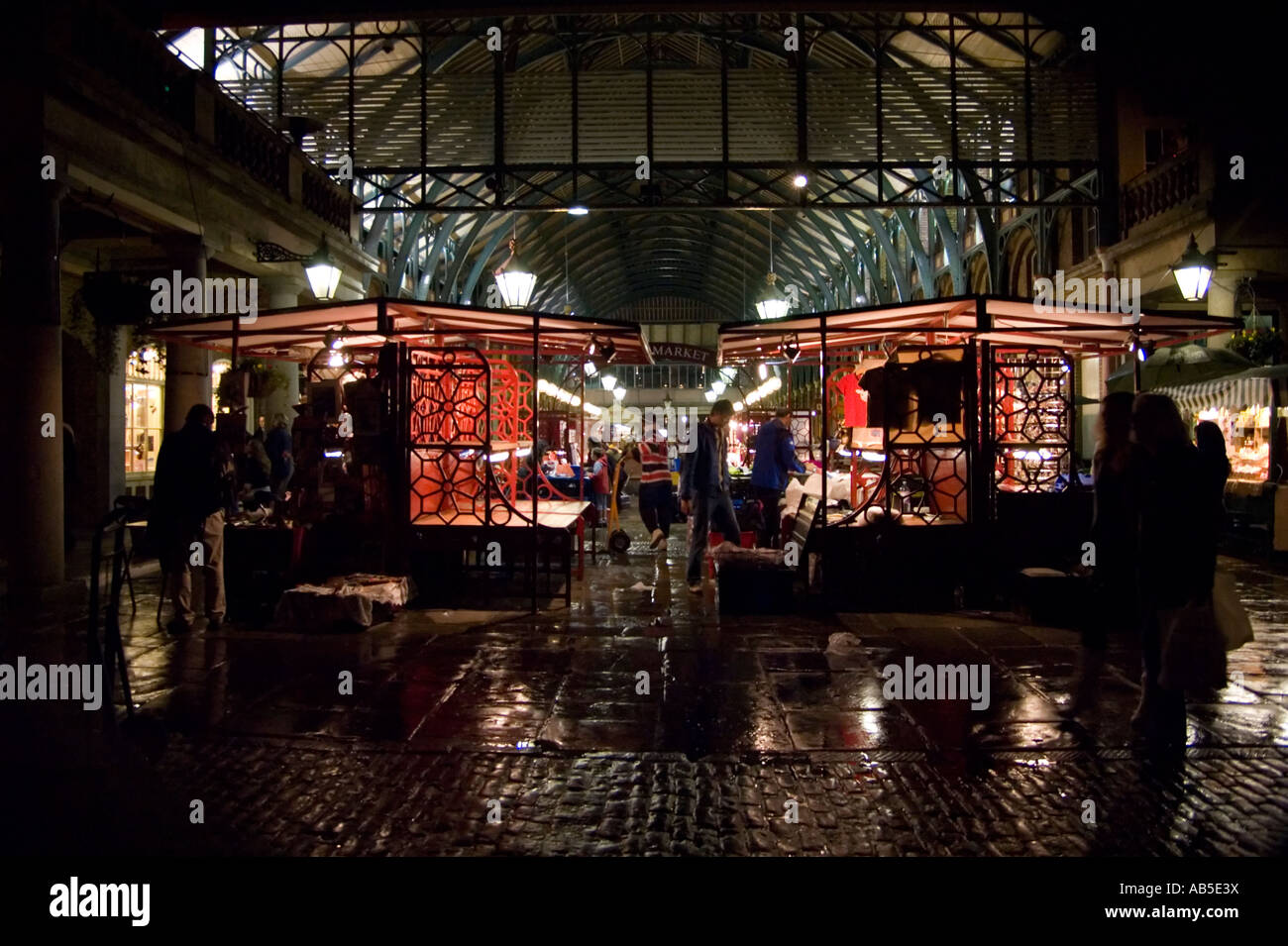 covent garden markets at the end of a wet cold day with people packing
