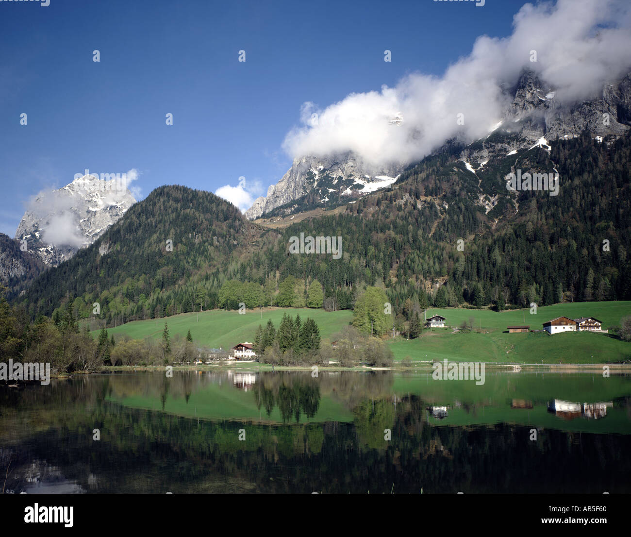 Hintersee lake and the Reiteralpe mountains near the Bavarian village of Ramsau Germany Stock Photo