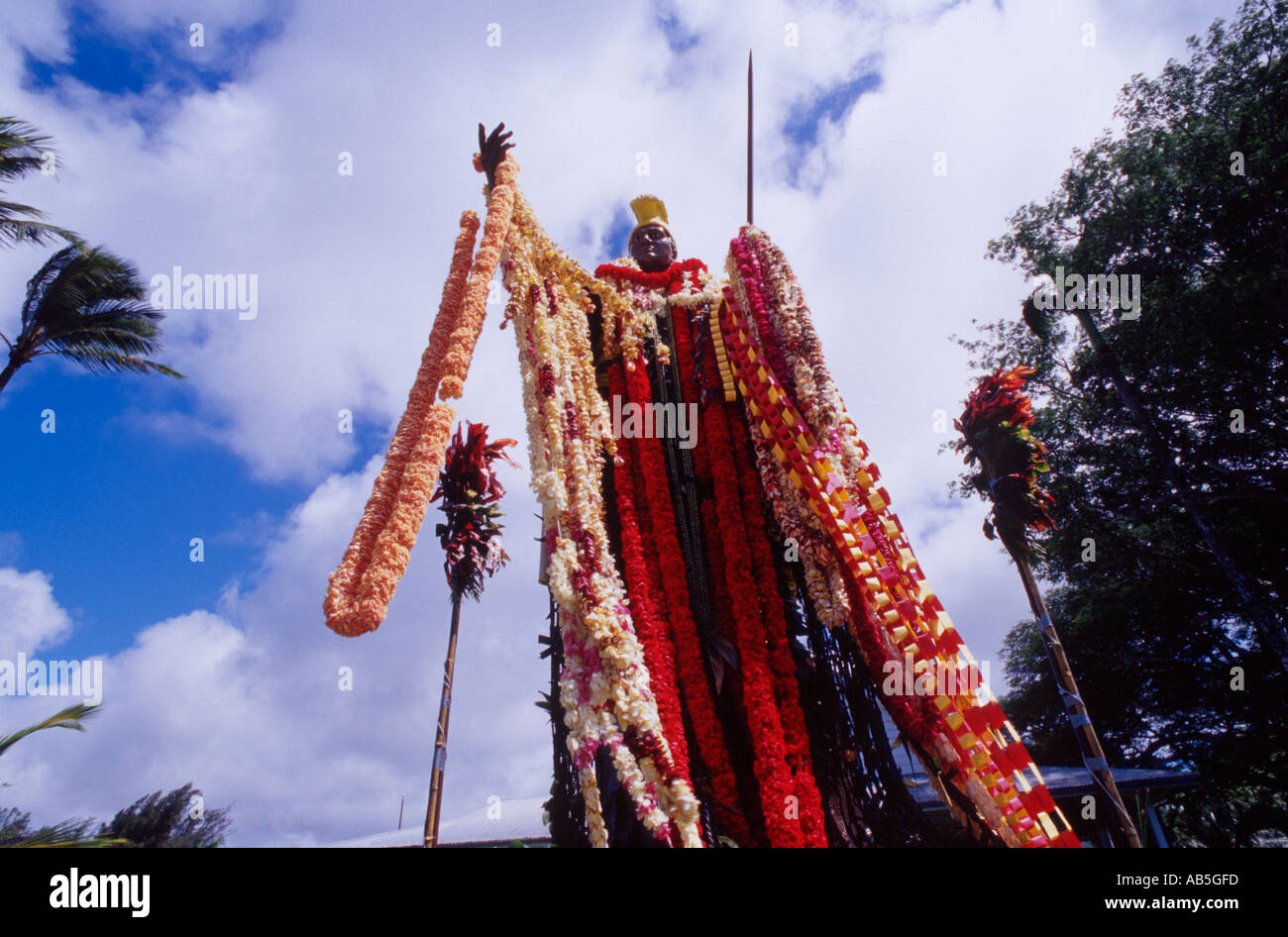 original King Kamehameha statue painted and draped with garlands and