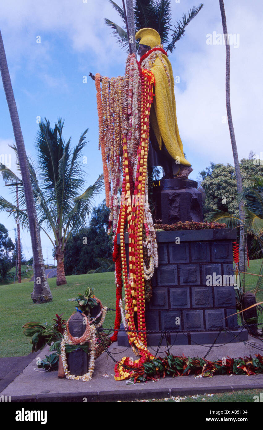 original King Kamehameha statue painted and draped with garlands and