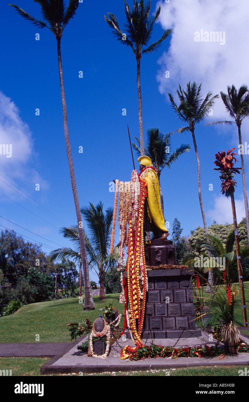 original King Kamehameha statue painted and draped with garlands and