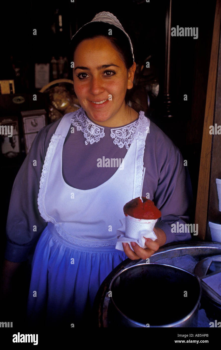 1, one, Mexican woman, sorbet, candy store, Morelia, Michoacan State, Mexico Stock Photo