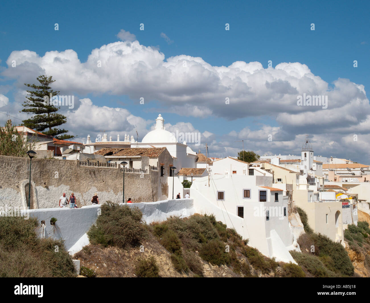 WHITE BUILDINGS of the OLD TOWN and walkway on the cliff Albufeira Algarve Portugal Europe Stock Photo