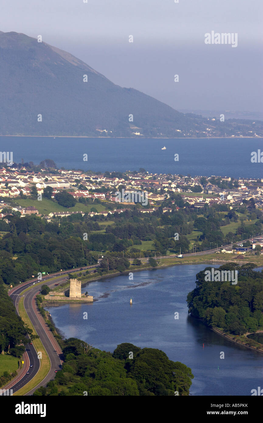 vertical view of narrow water castle clanrye river entering carlingford lough at warrenpoint from Flagstaff hill Stock Photo