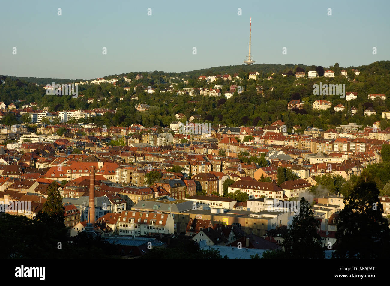 Germany, Cityscape stuttgart of red roofs of houses in basin surrounded ...