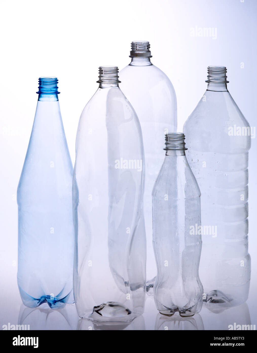 a collection close up of empty plastic pvc bottles Stock Photo