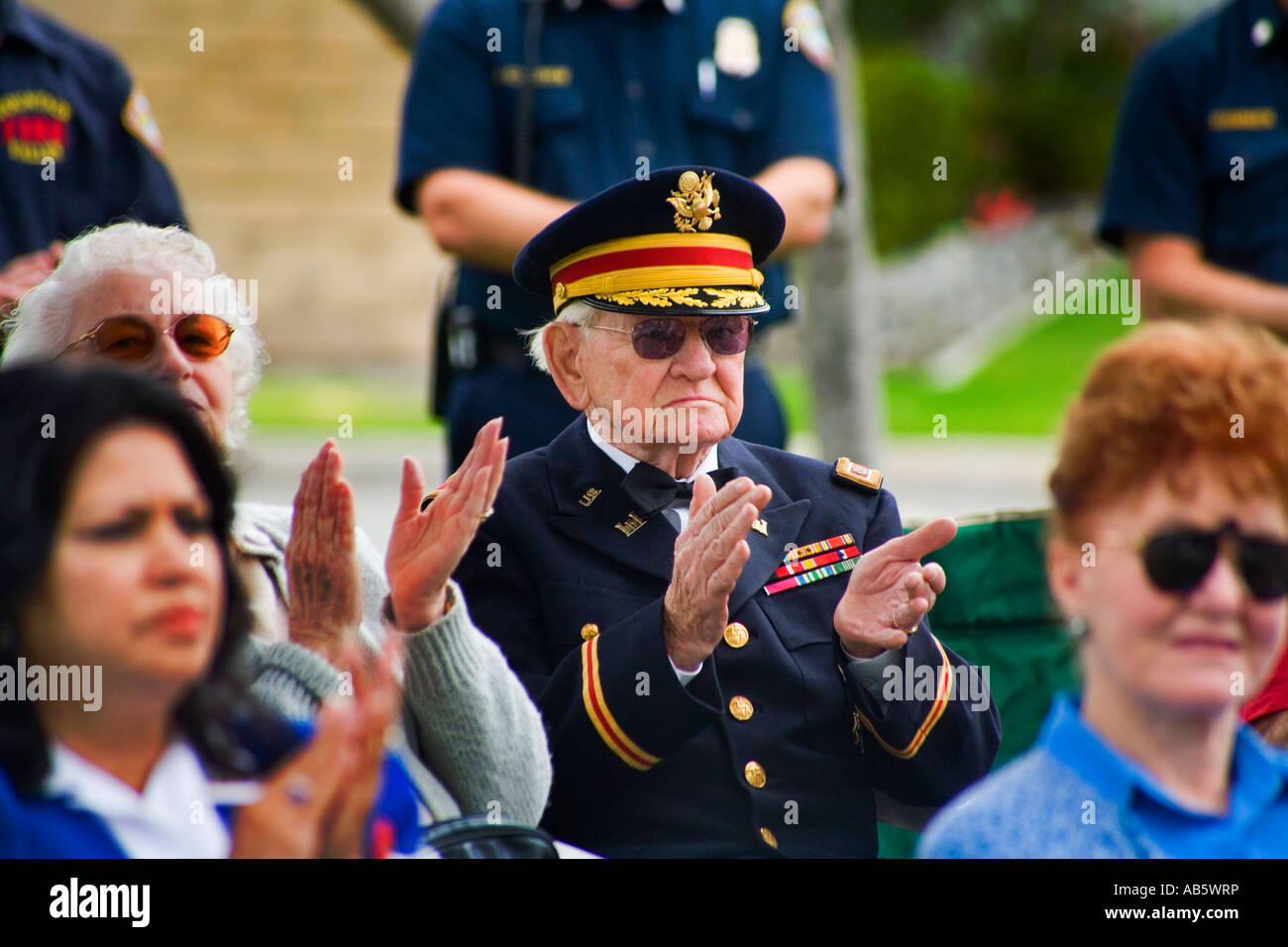 A World War II veteran in full dress uniform attends Memorial Day ceremonies at a war memorial park in Fountain Valley CA Stock Photo