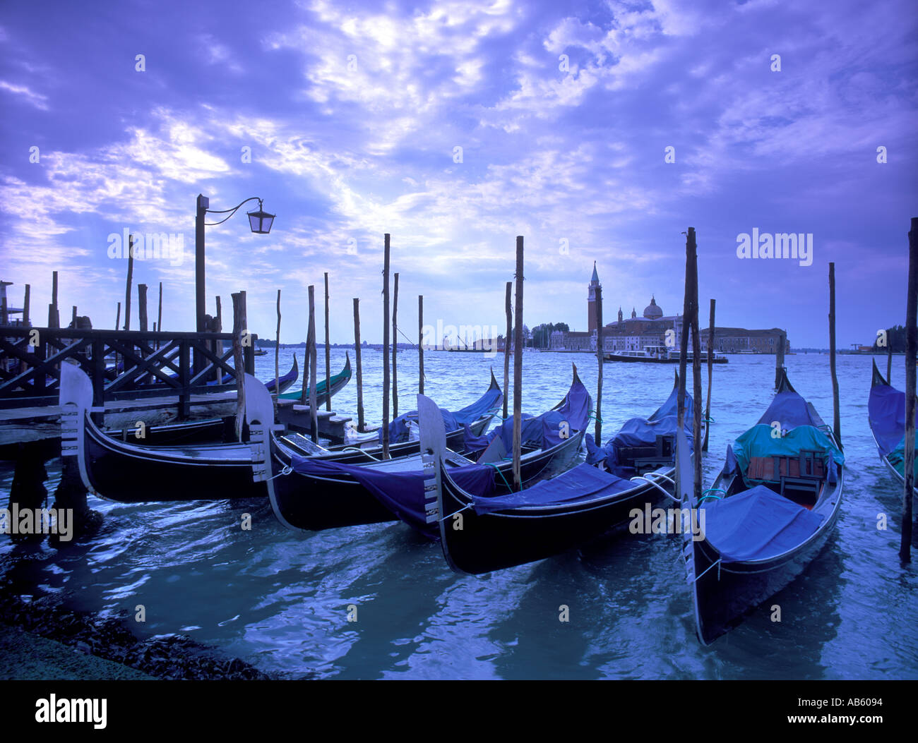 Italy, Veneto, Venice, San Giorgio Maggiore Church across Basino di San Marco, Gondolas Stock Photo