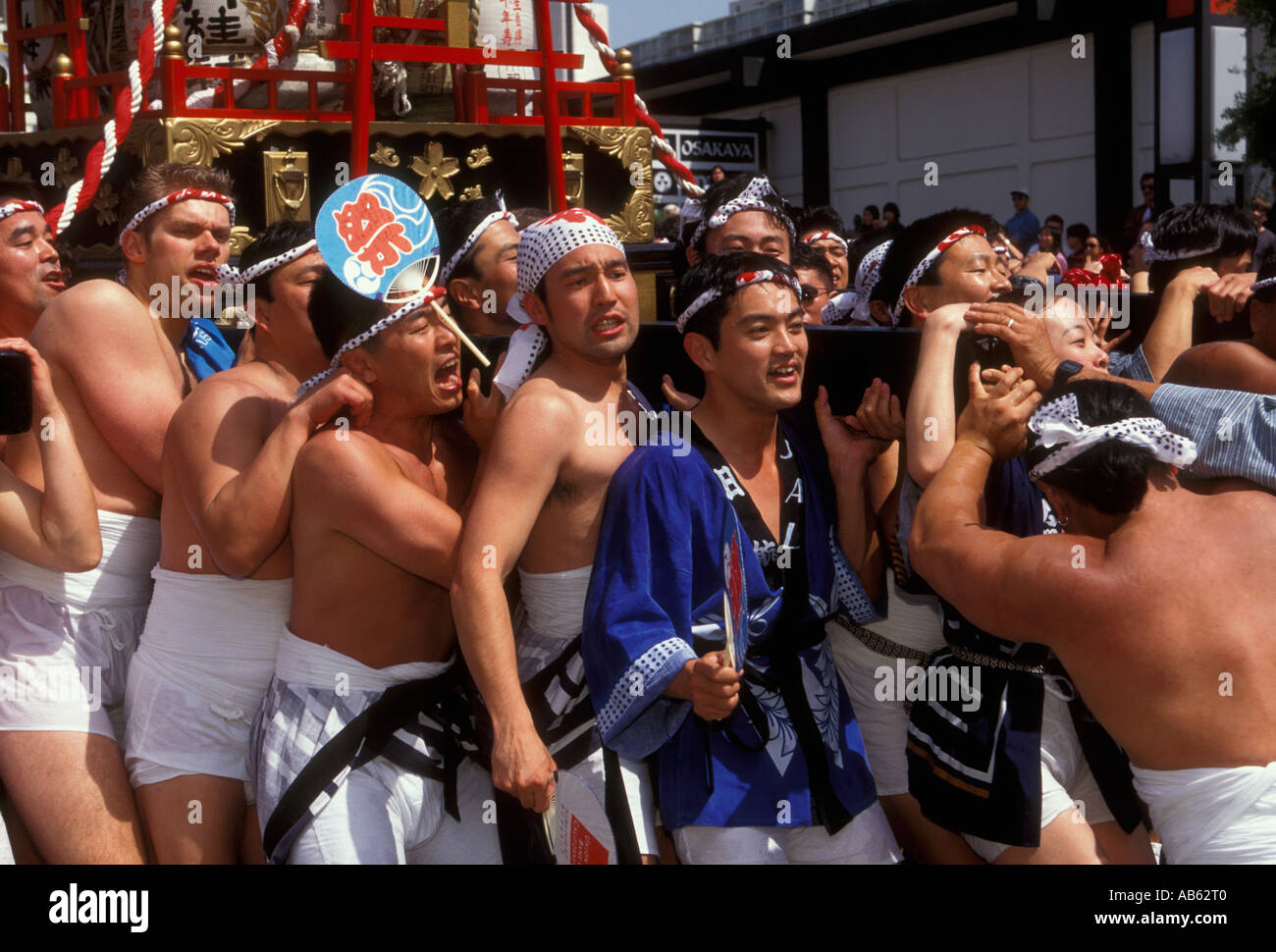 Japanese-Americans, carrying Taru Mikoshi, portable shrine, heavy load, Cherry Blossom Festival, Post Street, Japantown, San Francisco, California Stock Photo