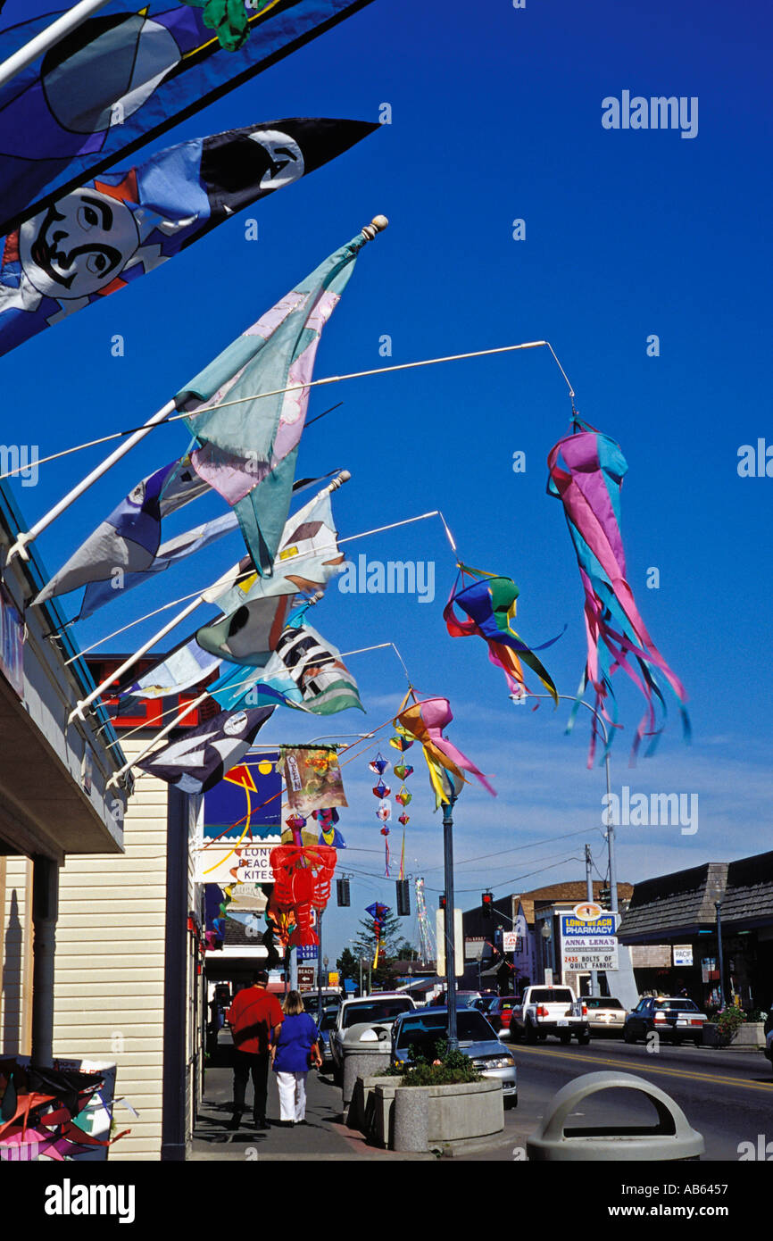 Kites Fly From Storefront On Main Street Long Beach Washington Stock