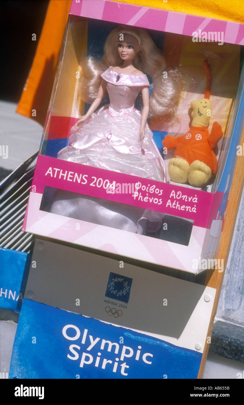 Barbie and Athena (Olympic mascot dolls and merchandise) on display outside  a shop in Athens, Greece Stock Photo - Alamy
