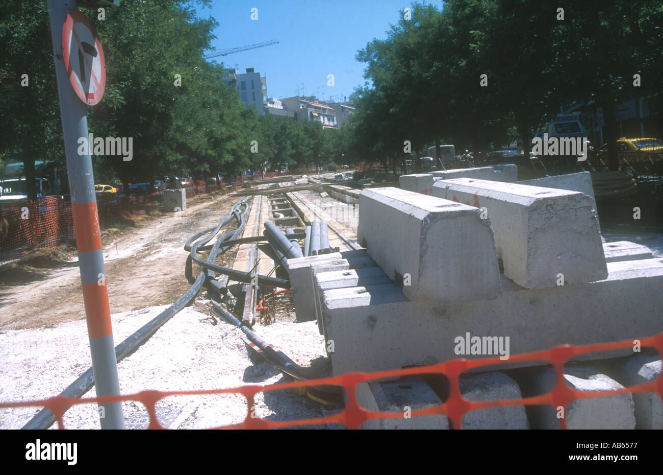 Tramway from the city centre to the coast under construction, in Kalirois Street, Athens, Greece. Stock Photo
