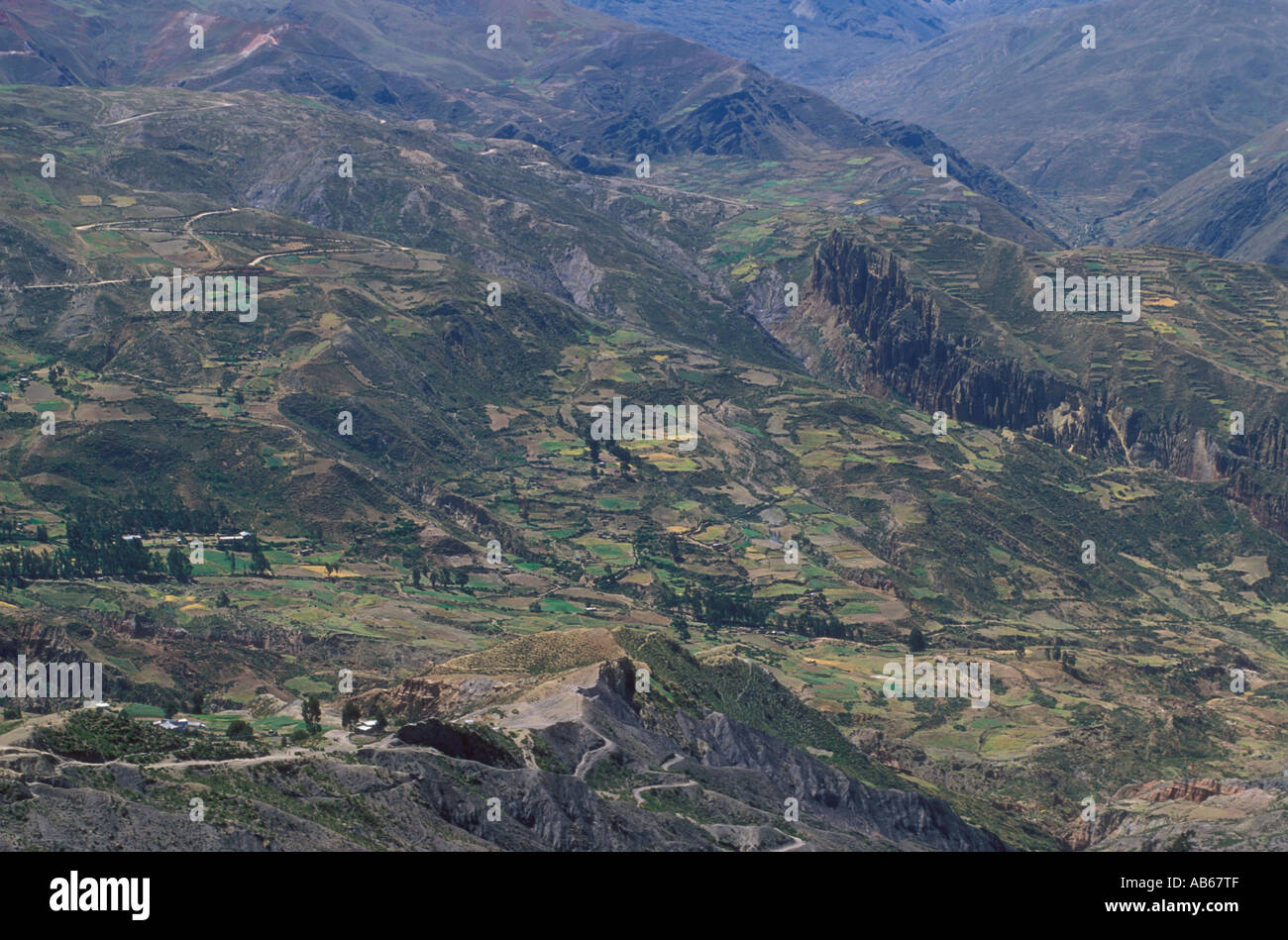 small, cropfield in agriculture area of Palca valley seen from mountain ridge to Santjago de Collana Bolivia Stock Photo
