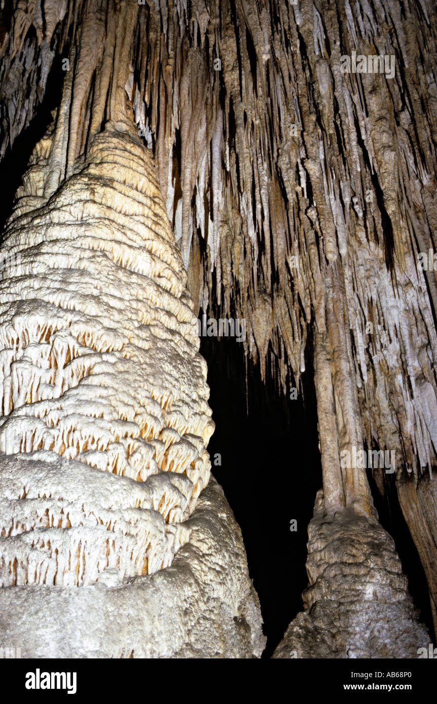 Stalactites and large stalagmite in the Temple of the Sun Big Room Carlsbad Caverns New Mexico USA Stock Photo