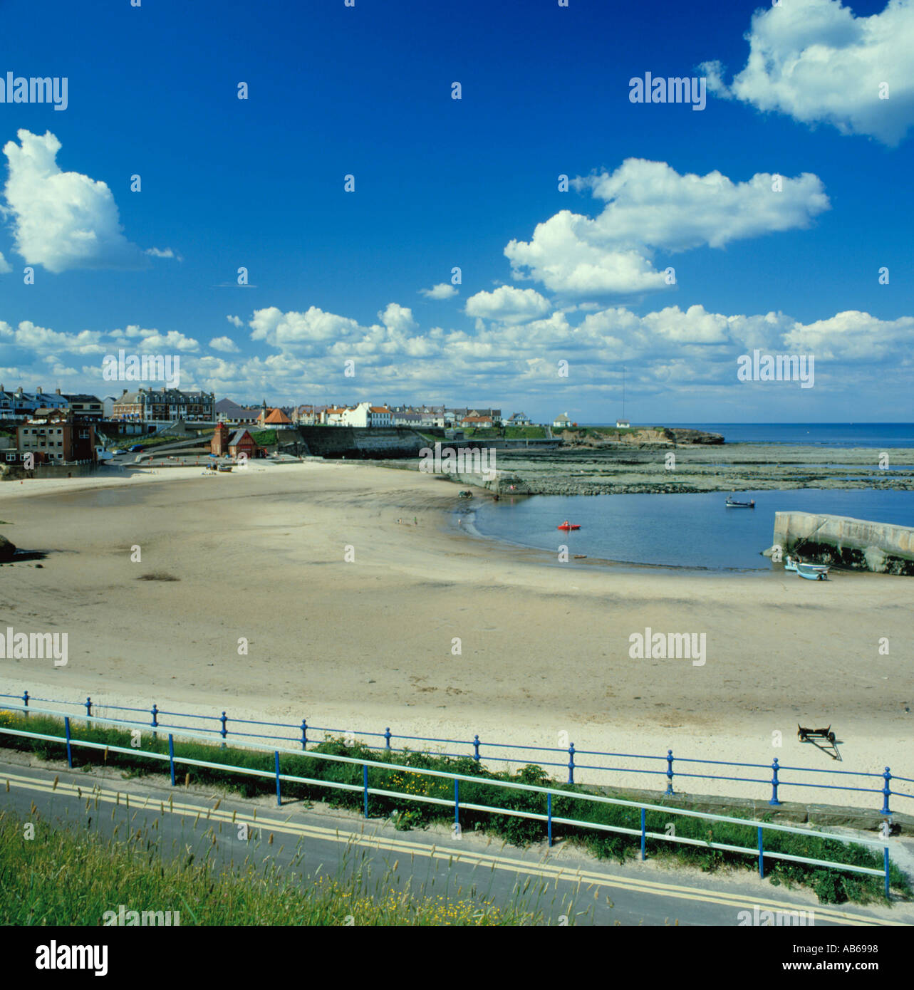 Beautiful sandy beach of Cullercoats Bay on a hot sunny summer day, Tyne and Wear, England, UK. Stock Photo