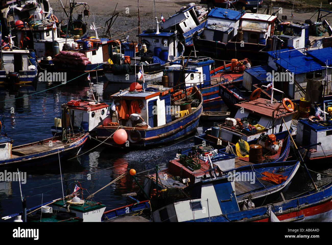 FISHING BOATS at PUERTO HAMBRE the first settlement on the STRAIT OF MAGALLAN PATAGONIA CHILE Stock Photo