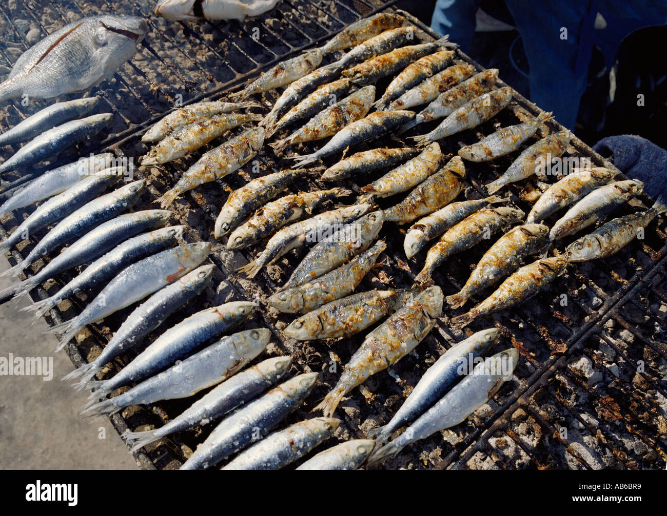Portugal, the Algarve, Portimão, sardines on charcoal grill Stock Photo