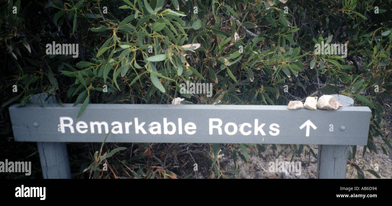 SIGN FOR THE REMARKABLE ROCKS KIRKPATRICK POINT FLINDERS CHASE NATIONAL PARK KANGAROO ISLAND SOUTH AUSTRALIA Stock Photo