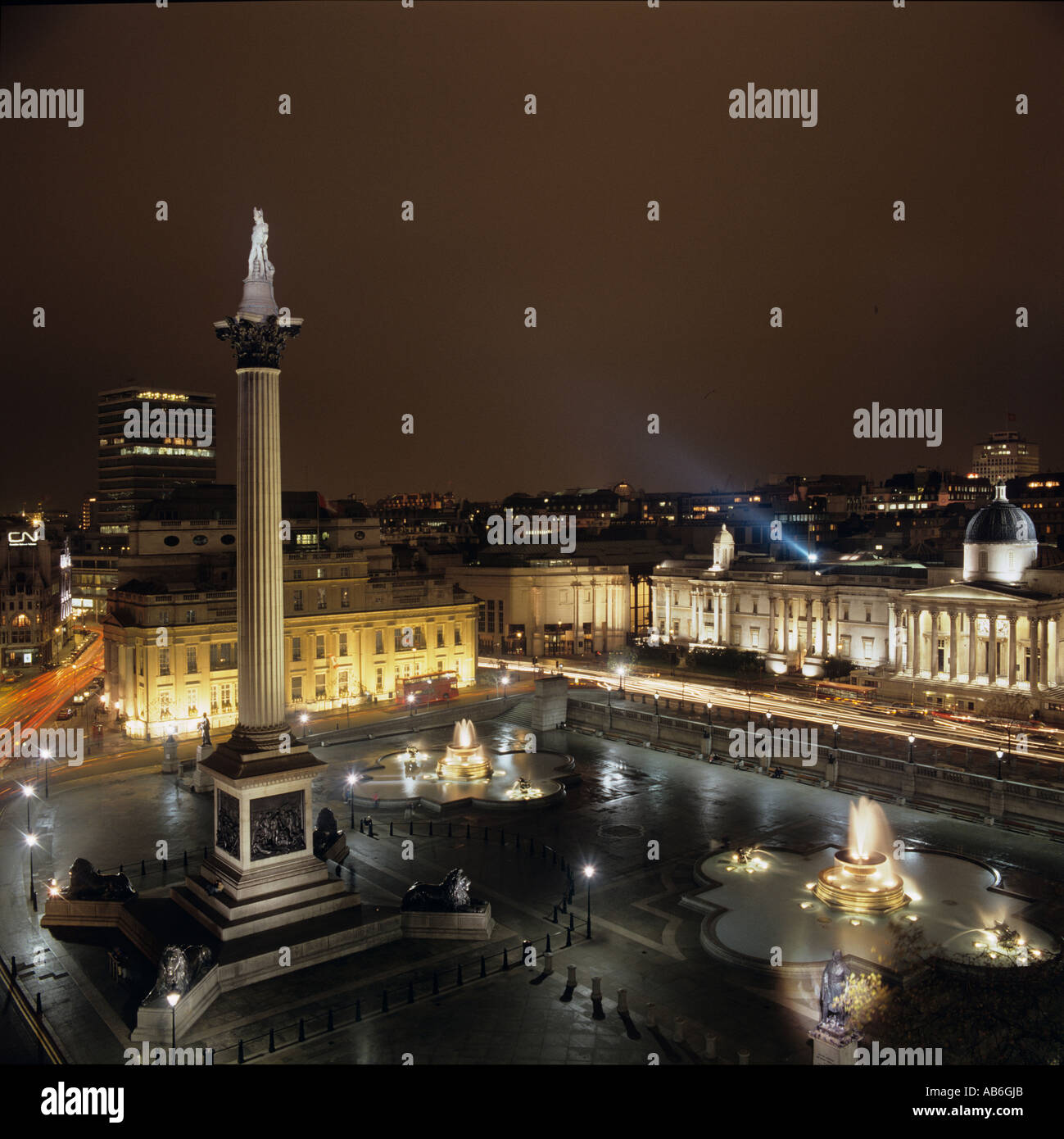 Trafalgar Square at night showing semi aerial view towards National Galery, London, UK Stock Photo