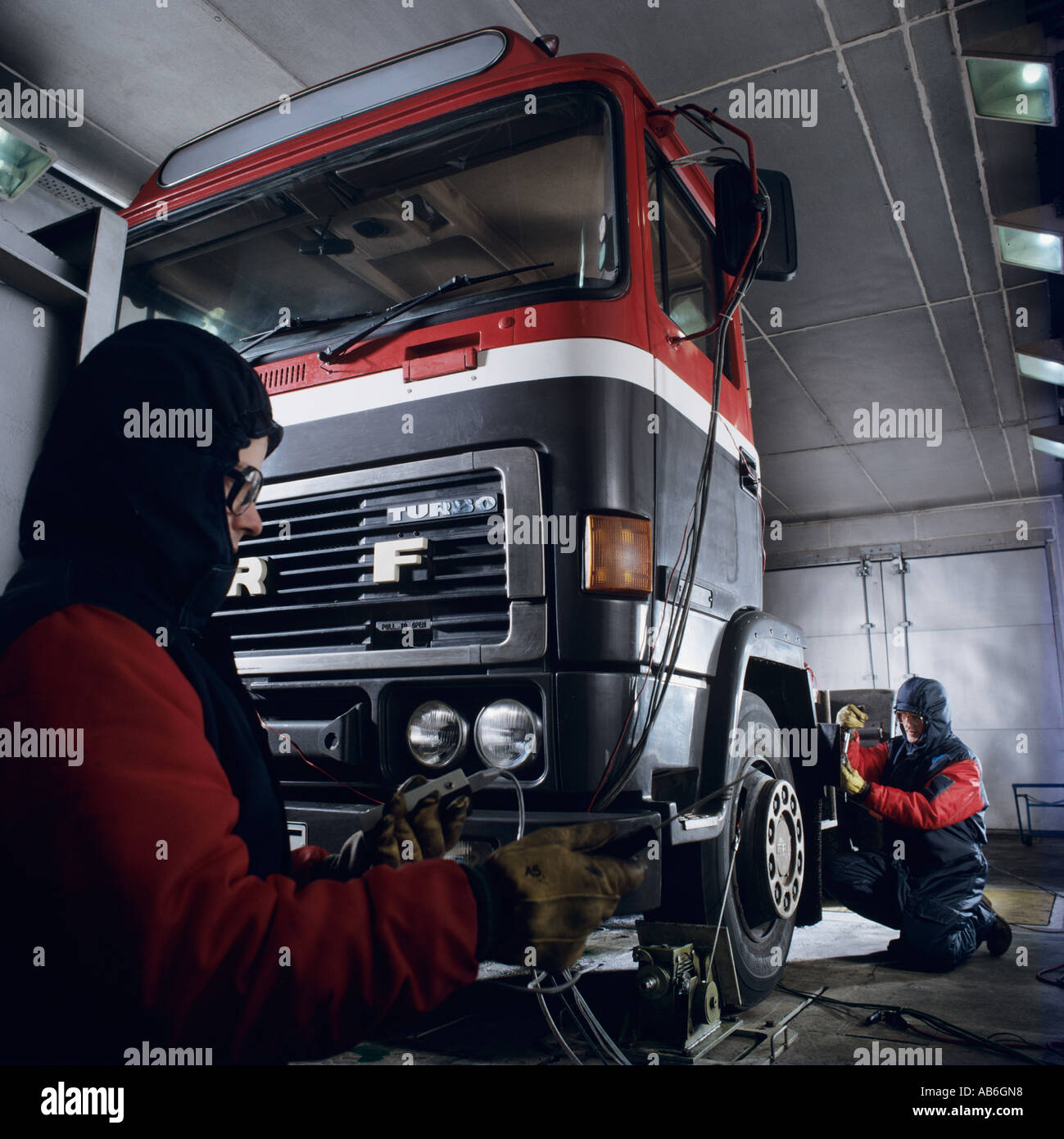 Testing the freezing point of diesel fuel on a truck in a low temperature laboratory, UK Stock