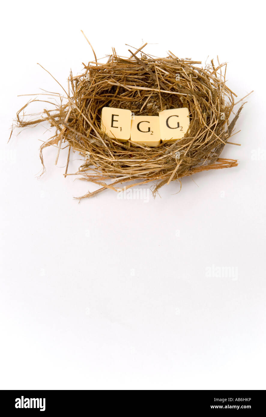 Bird nest with Scrabble letters spelling out the word egg, as in nest egg or accumulated assets Stock Photo