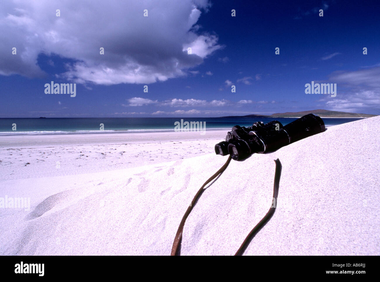 Bird watching on a remote sandy beach, Berneray, Scotland Stock Photo